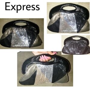 Express patent lthr blk/slvr sequin clutch.